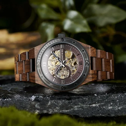 Miniatura 9 de BOBO BIRD Relojes de madera para hombre, reloj mecánico de esqueleto, relojes de pulsera ligeros de lujo con correa de madera natural de colección