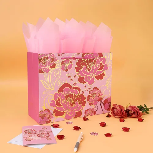 Miniatura 5 de Juego de Bolsa de Regalo Rosa Grande de 13" con Tarjeta de Felicitación y Papel de Seda (Flores con Trazos de Papel Aluminio) para Celebrar Rosa