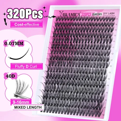Miniatura 2 de Pestañas Individuales 320 piezas Racimos de Pestañas 40D 9-16mm (0.35-0.63 pulgadas) Mezcla Extensión de Pestañas DIY Racimos de Pestañas Rizadas D
