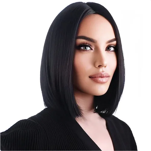 Miniatura 2 de Pelucas de cabello negro corto y lacio negro para mujer, peluca de cosplay con parte lateral, resistente al calor, pelucas sintéticas de aspecto