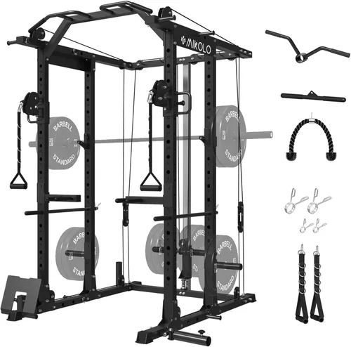 Miniatura 14 de Mikolo Jaula de Potencia, Rack de Potencia con Sistema de Cruce de Cables, 1500LBS Rack para Sentadillas con Sistema de Jalón LAT, Jaula de Rojo