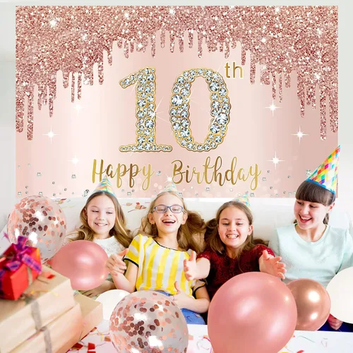 Miniatura 5 de Cartel de feliz cumpleaños número 10 con arco de guirnalda de globos de confeti, juego de globos de oro rosa para niñas, póster rosa de cumpleaños