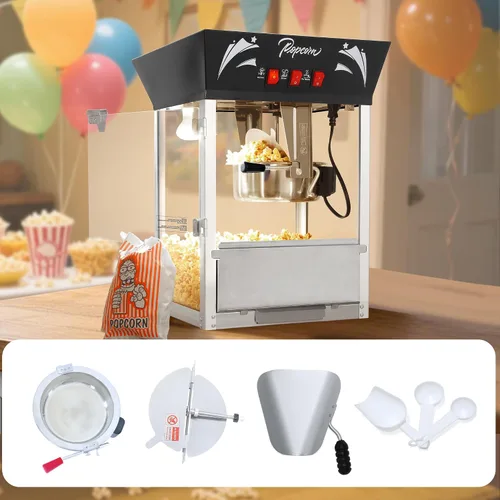 Miniatura 4 de Máquina comercial de palomitas de maíz de 12 onzas, máquina de palomitas de maíz de acero inoxidable con vidrio templado y plataforma de Negro
