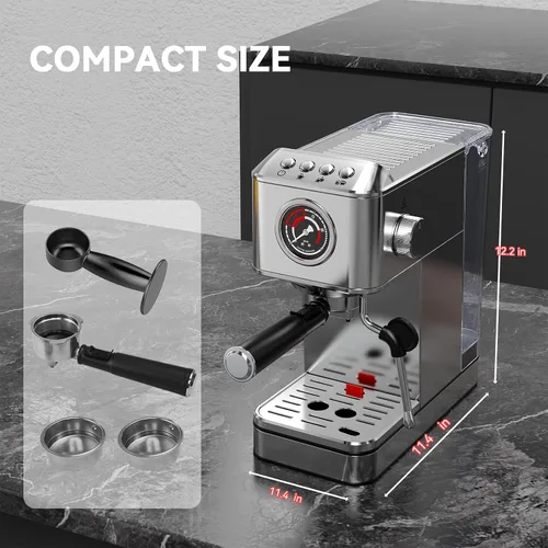 Miniatura 8 de EM623 Máquina de café expreso de 20 Bar con espumador de leche de vapor, máquina de café de acero inoxidable con tanque de agua extraíble