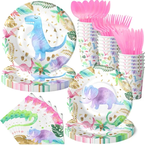 Miniatura 3 de Suministros de fiesta de dinosaurios de acuarela para niñas – Sirve 20 – Decoración de fiesta de cumpleaños de dinosaurio rosa, platos, servilletas