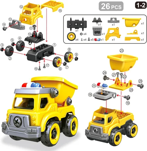 Miniatura 3 de Juguetes de coches 4 en 1 para desarmar para niños, vehículo de juguete de camión de construcción de ingeniería DIY - camión volquete, mezcladora