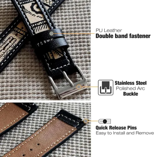 Miniatura 5 de Abanen Correa de reloj de cuero de mezclilla para Samsung Galaxy Watch 7/Galaxy Watch 6, correa de tela de lona de 0.787 pulgadas con forro de piel