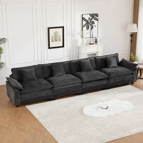 Miniatura 30 de Sofá modular negro de 111.5 pulgadas, sofás seccionales grandes de 3 plazas para sala de estar, sofá nube de tela de felpilla de gran