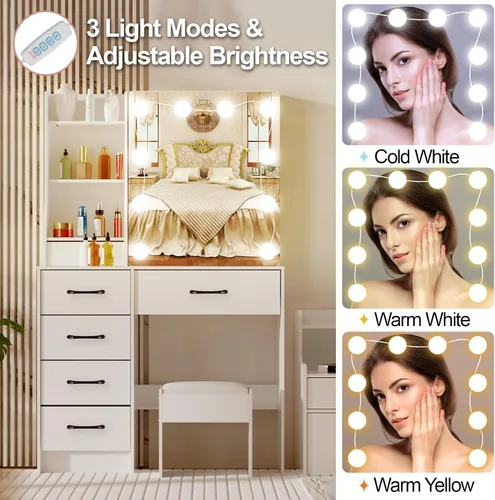 Miniatura 3 de Escritorio de tocador con espejo LED deslizante, mesa de maquillaje blanca con 6 cajones, 4 estantes de almacenamiento y taburete, 3 modos