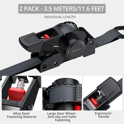 Miniatura 2 de Justech Paquete de 4 correas retráctiles de trinquete, 1 pulgada x 11.6 pies - Resistencia a la rotura de 1411 libras, correas de amarre