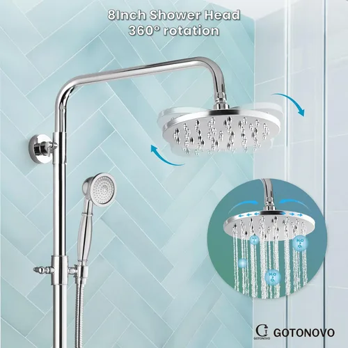 Miniatura 6 de gotonovo Juego de grifo de ducha expuesto de 8 pulgadas, cabezal de ducha de lluvia de 3 funciones con boquilla de bañera, 2 asas de cuerda, sistema