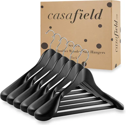 Miniatura 4 de Casafield - 6 perchas negras de madera con hombros anchos - Madera de loto premium, barra antideslizante para pantalones y gancho giratorio cromado