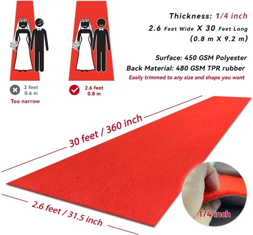 Miniatura 2 de EZLucky Alfombra roja de lujo para fiestas, 2.6 x 30 pies, extra gruesa de alta calidad para bodas y eventos, respaldo antideslizante, decoración