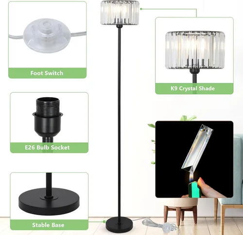 Miniatura 4 de HMVPL Lámpara de pie negra para dormitorio, moderna lámpara de pie para sala de estar con pantalla de cristal K9, lámpara de pie industrial con Negro