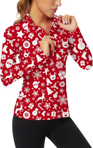 Miniatura 150 de WOWENY Camiseta deportiva de manga larga para mujer, con cremallera de un cuarto, cuello para entrenamiento, camiseta de tenis con estampado