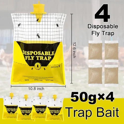 Miniatura 2 de Trampas para moscas al aire libre para patio, paquete de 4 bolsas grandes precebadas desechables para exteriores, cazador de moscas colgantes
