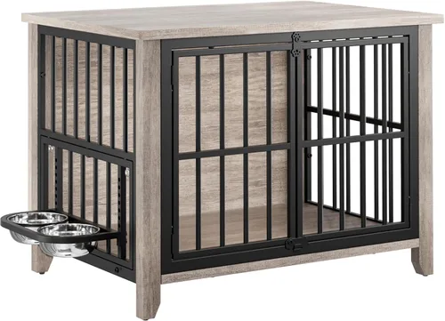 Miniatura 12 de Lulive Mueble de jaula para perros, jaula de madera para perros de interior con cuencos ajustables de 360° y altura, muebles de doble puerta