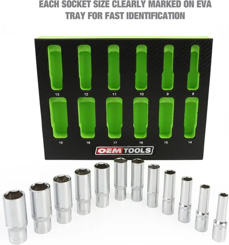 Miniatura 2 de OEMTOOLS 23981 Juego de 12 piezas de dados profundos 3/8, juego de llaves métricas de 0.315 in a 0.748 in, dados de acero aleado tratados