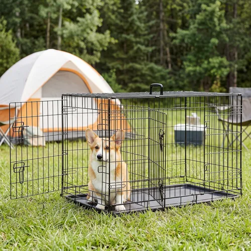 Miniatura 6 de Sweetcrispy Jaula para perros de 36 pulgadas, jaulas medianas de doble puerta plegable de alambre de metal con bandeja de plástico a prueba