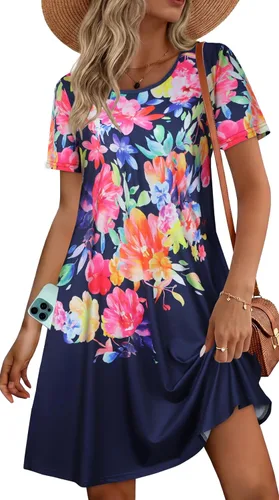 Miniatura 36 de Vestidos de verano para mujer, informales, holgados, estilo camiseta, florales, de manga corta, con vuelo y bolsillos, para la playa