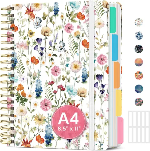 Cuadernos grandes de espiral rayados para el trabajo con divisores y pestañas extraíbles, 8.5 x 11 pulgadas, bonito cuaderno de tapa dura de 5