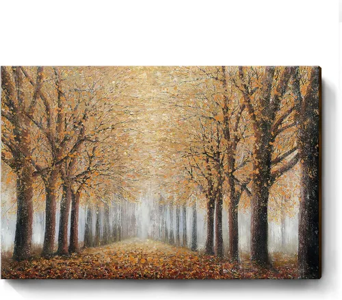 Miniatura 7 de AMATOP Arte de pared turquesa 100% pintado a mano, pintura al óleo de paisaje forestal en lienzo, obra de arte enmarcada original, pájaro dorado