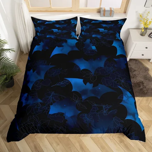 Miniatura 29 de Juego de ropa de cama de Halloween, funda de edredón gótica de murciélagos negros con telarañas, funda de edredón individual, diseño de arañas
