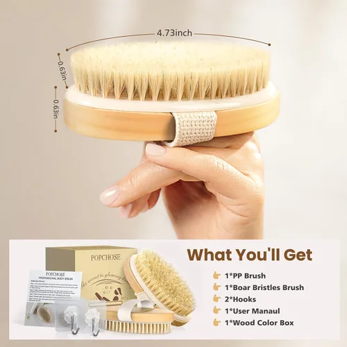 Miniatura 6 de POPCHOSE Cepillo de cepillado en seco para el cuerpo, cepillo exfoliante de cerdas naturales para la piel seca, cepillo corporal para una piel