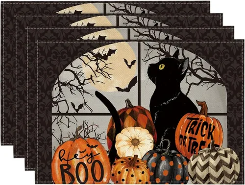 Artoid Mode Boo - Juego de 4 manteles individuales de Halloween con diseño de calabazas de gato negro, 12 x 18 pulgadas, para decoración de fiestas,