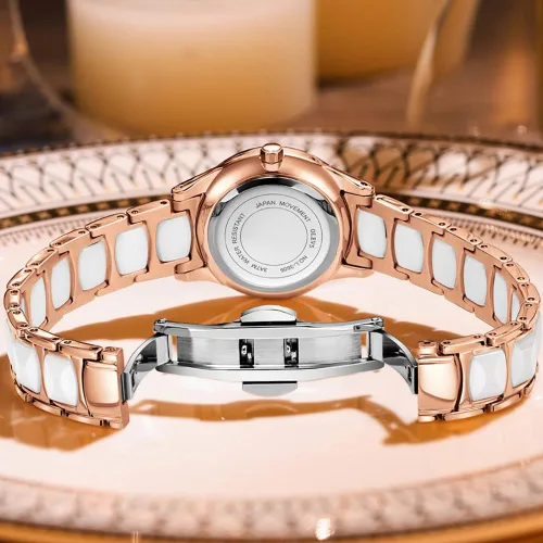 Miniatura 4 de OLEVS Relojes para mujer, oro rosa, de dos tonos, de moda, de cerámica, blanco, esfera rosa, roja, acero inoxidable, fecha impermeable