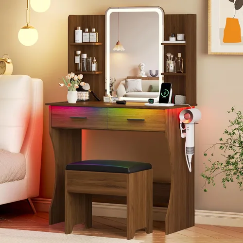 Miniatura 21 de Escritorio de tocador con espejo con luces LED y toma de corriente, pequeño juego de mesa de tocador de maquillaje con cajones de almacenamiento