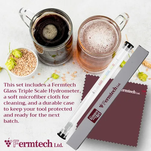Miniatura 3 de Fermtech Kit de hidrómetro de triple escala de vidrio – Prueba ABV, Brix, gravedad para vino, cerveza, aguamiel y kombucha, con paño de microfibra