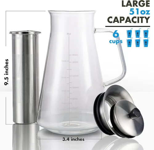 Miniatura 8 de Aquach Cafetera hermética para preparar café frío (té helado) de 51 onzas/1.5 L, sin BPA, jarra de vidrio de borosilicato duradera y filtro de malla