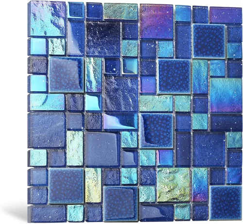 Blujellyfish Azulejos de Mosaico de Vidrio Azul Patrón Francés Láminas de Mosaicos Cuadrados Vidrio Cristal Azul Cobalto Iridiscente Cerámica