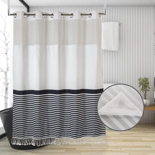 Miniatura 10 de Cortina de ducha de tela pesada sin gancho con forro de imanes a presión, cortina de baño gruesa con borla transparente en la parte superior