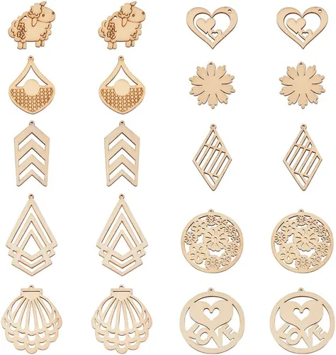 Miniatura 18 de Juego de 20 piezas de aretes de bola deportiva para fútbol, baloncesto, rugby, dijes de madera, 5 estilos, aretes de bola deportiva con ganchos