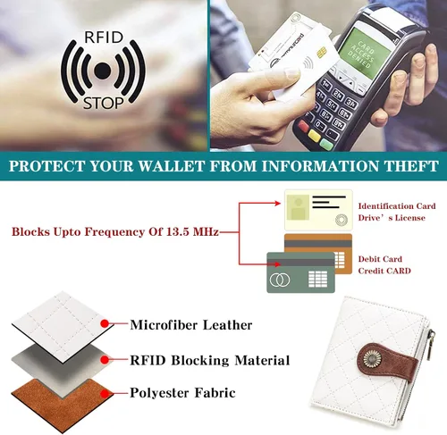 Miniatura 5 de FALAN MULE Billetera pequeña para mujer, plegable, con bloqueo RFID, portatarjetas de piel con bolsillo con cremallera para monedas Blanco/Marrón