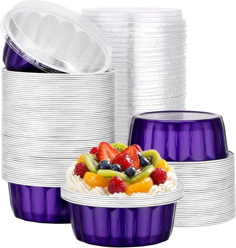 Miniatura 35 de Beasea Ramequines con tapas, 8oz 50 unidades de tazas de aluminio desechables para hornear, tazas de papel de aluminio plateado para creme brulee