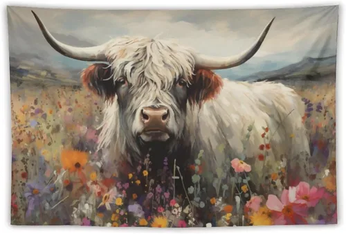 FeoYoed Tapiz de vaca de las montañas para colgar en la pared, estético, lindo y divertido animal, decoración floral, dormitorio, sala de estar,