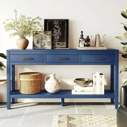 Miniatura 21 de Mesa consola clásica de 63 pulgadas con 4 cajones de almacenamiento y 1 estante, aparador de madera para sala de estar, pasillo, entrada, cocina