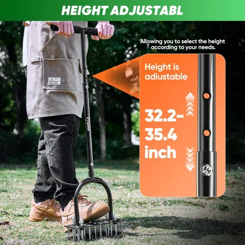 Miniatura 8 de Saker Aireador manual de césped con 15 picos de hierro de altura ajustable, resorte de doble capa, herramienta aireadora de césped de hierro Negro
