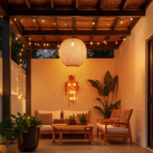 Miniatura 2 de Arturesthome Lámpara Colgante Redonda de Bambú de 1 Luz, Lámpara de Techo de Mimbre Tejida a Mano con Sombra de Cesta Boho para Isla de Cocina
