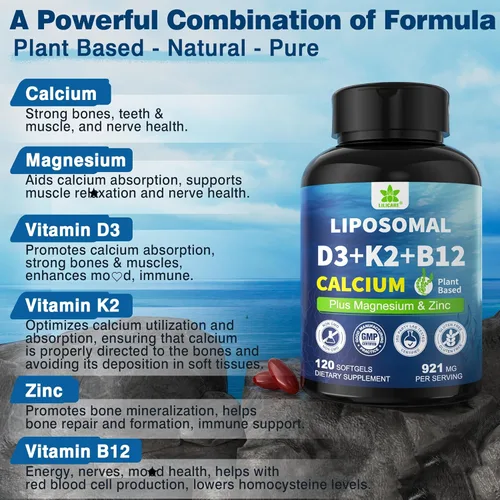Miniatura 6 de Suplementos de Calcio a Base de Plantas 6-en-1 para Mujeres y Hombres - Calcio 600mg con D3 K2 5000 UI de Vitamina, Calcio Liposomal y de Algas