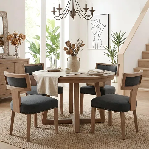 Miniatura 29 de HNY Juego de 6 sillas de comedor de ratán de estilo de mediados de siglo, silla de acento tapizada en lino de estilo granja con respaldo curvo