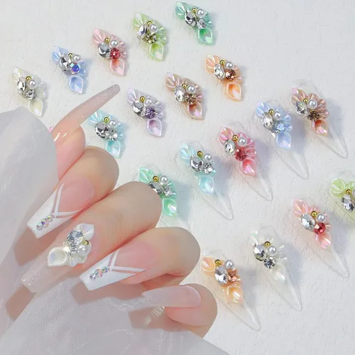 Miniatura 3 de 30 dijes de uñas con diseño de flores 5D, parte trasera plana en relieve, con diamantes de imitación, cristales de perla, gemas de diamante, joyas