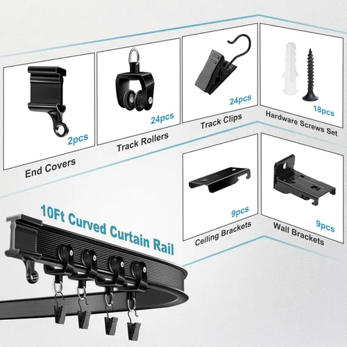 Miniatura 7 de KOLAKO Riel de cortina de techo, riel de cortina flexible y plegable de 10 pies para montaje en pared, negro, curvado, sistema de riel de cortina