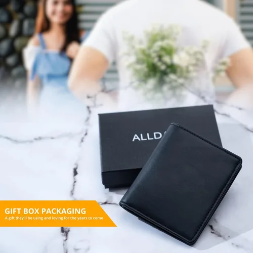 Miniatura 6 de Alldaily Pequeña cartera RFID para mujer, delgada, compacta, plegable, con bolsillo, mini monedero de viaje para mujer, Negro -, Compacto