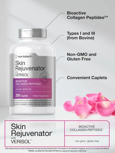 Miniatura 4 de Rejuvenecedor de piel Horbäach con Verisol Péptidos de colágeno bioactivos 200 cápsulas Suplemento sin OMG, sin gluten