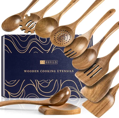 Miniatura 9 de Cucharas de madera para cocinar, juego de utensilios de cocina antiadherentes con 9 espátulas de madera de acacia y cucharas para cocinar, excelente