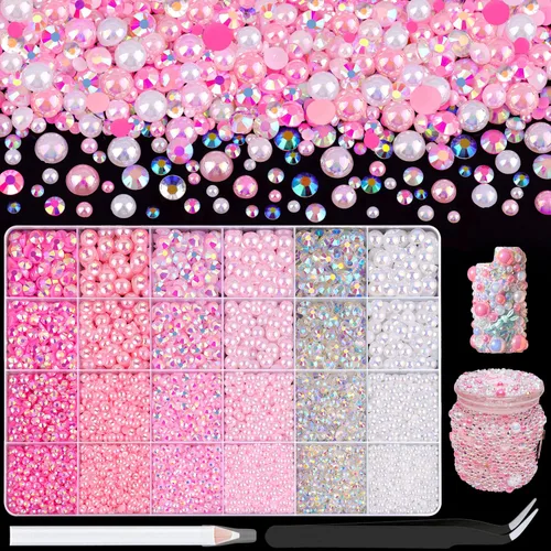 Miniatura 35 de 100g de cuentas de perlas planas y diamantes de imitación, 1-Rosa y blanco, tamaño mixto de 3-10mm, resina, diamantes de imitación y medias perlas